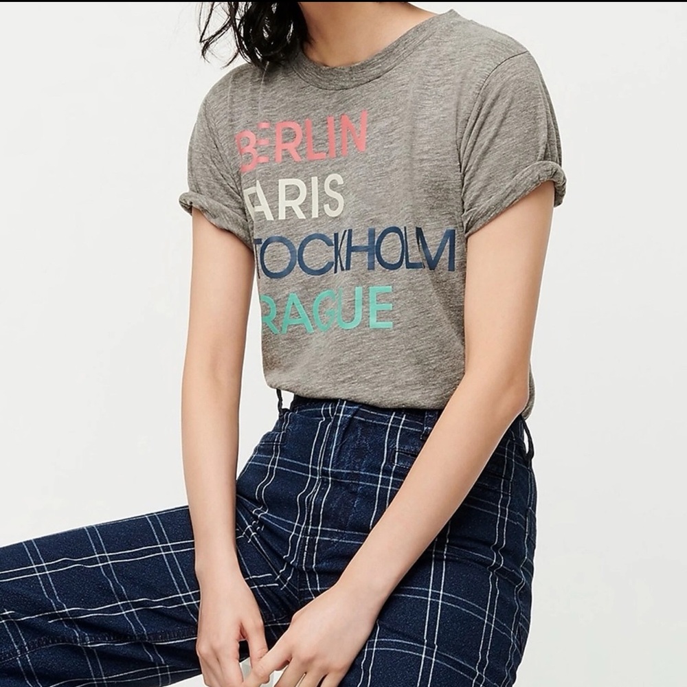 J. Crew Gray Graphic Tee with Multicolor Text Sold Out